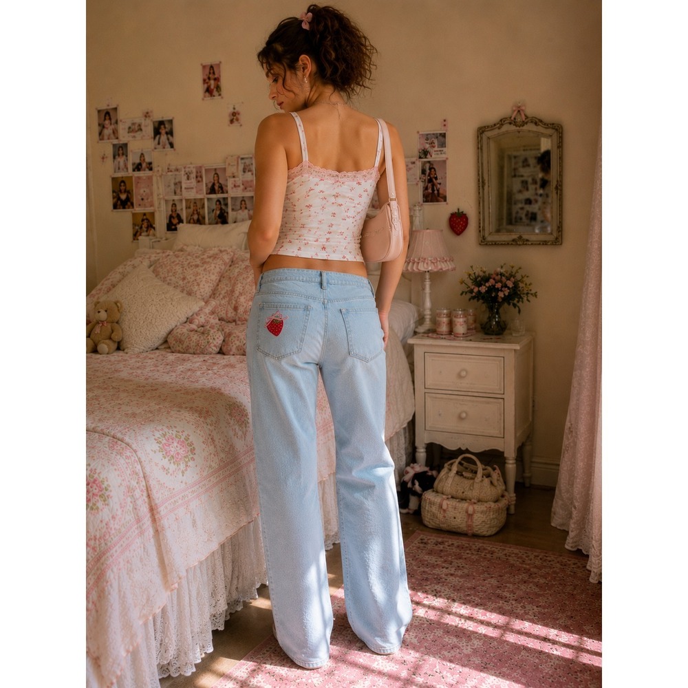 Low-Rise Relaxed‎ Straight Jeans Women 14R Strawberry Coquette Bow Dainty Ditzy